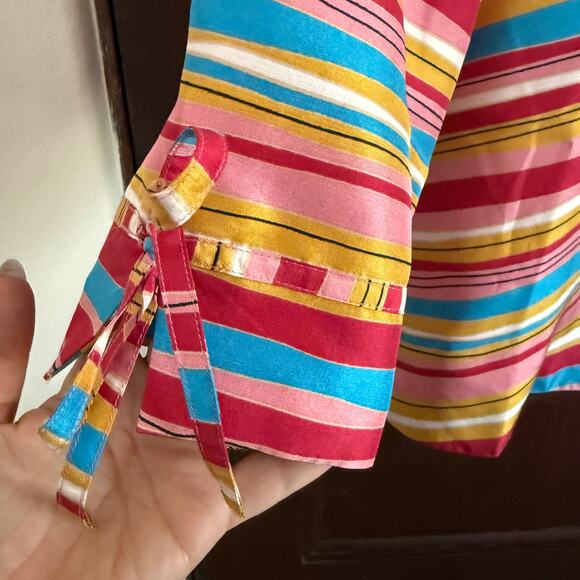 ANNE CARSON | Red Yellow and Blue striped Silk Button down Shirt | Large - Picture 4 of 8